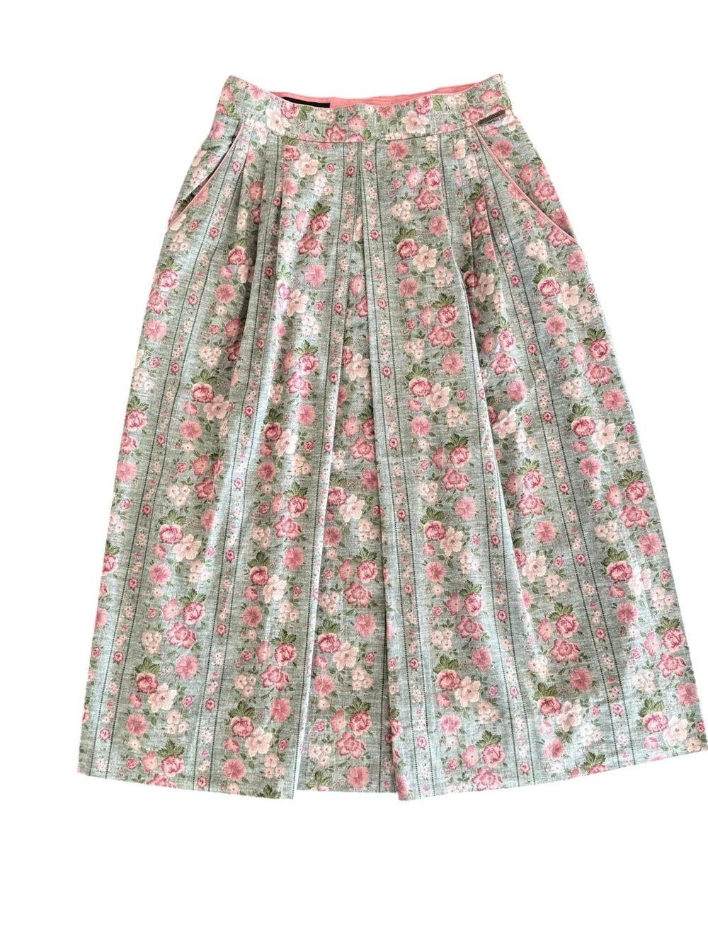 Vintage Geiger Gray And Pink Floral Tea Length Pleated Skirt Cottagecore Size 38